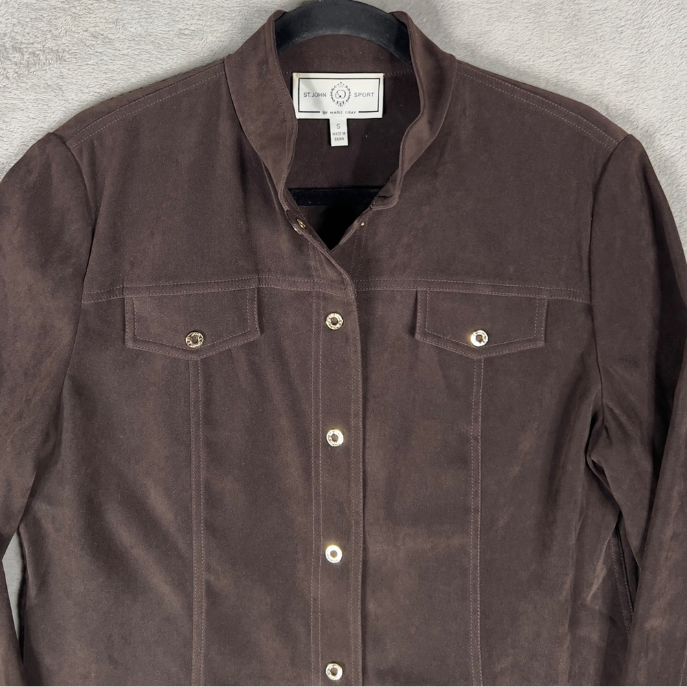 St. John Sport By‎ Marie Gray Faux Suede Snap Button Shirt Women's Small Brown - Picture 2 of 11
